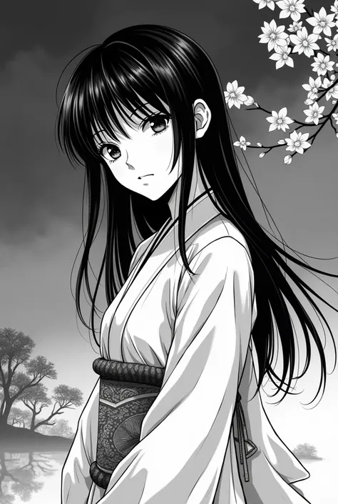 Draw me a character who is the heroine of a genuine Japanese manga(Black and white)