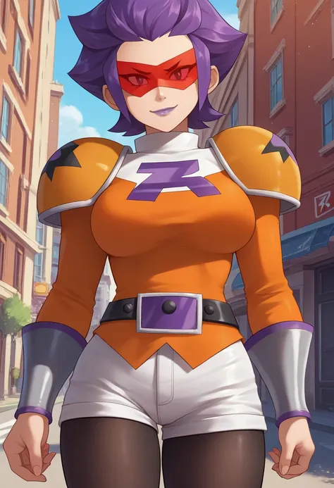 score_9, score_8_up, score_7_up, score_6_up, source_anime, pkmncelosia, 1girl, solo, purple hair, very short hair, purple lips, head-mounted display, orange suit, long sleeves, orange taut shorts, shoulder pads, purple necktie, belt, (team flare:1.3), brac...