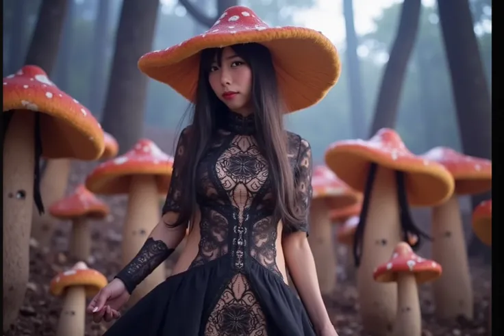 the mushroom sorcerers (cute, age 20, sexy mushroom themed revealing gown with arcane symbols, mushroom hat, magic staff) is leading a horde of short (Mushroom goblins. small, humanoid, mouth full of ragged teeth) into the enchanted forest, mystical moonli...