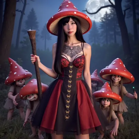 the mushroom sorcerers (cute, age 20, sexy mushroom themed revealing gown with arcane symbols, mushroom hat, magic staff) is leading a horde of short (Mushroom goblins. small, humanoid, mouth full of ragged teeth) into the enchanted forest, mystical moonli...