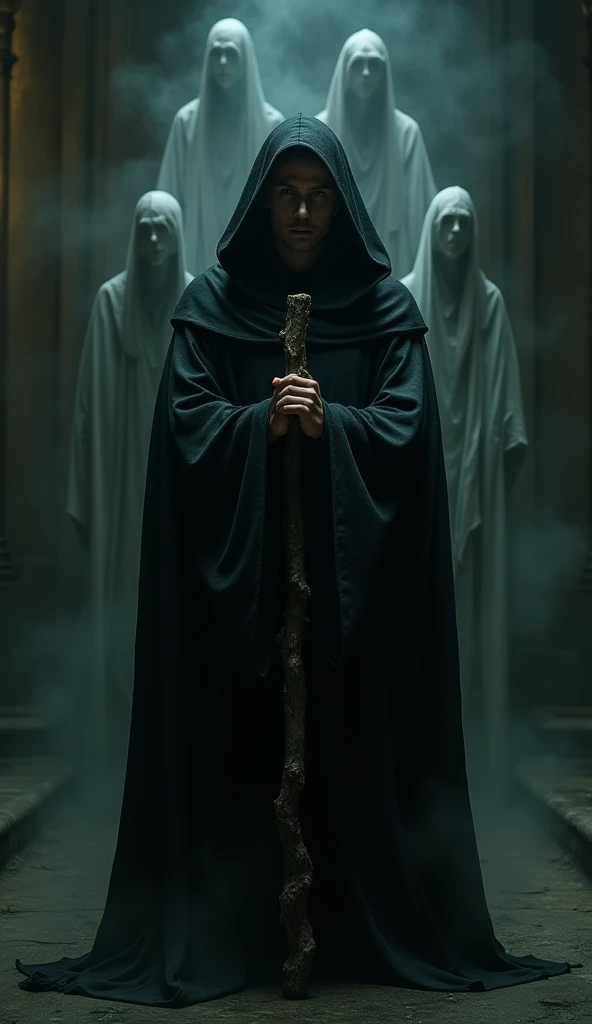 A man with a black robe, a hood, a beardless head covered, Have a staff in your hand who deals with spirits, should be in a dimly lit environment with 3 spirits behind him. 