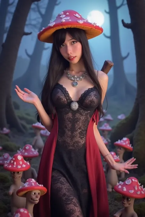 the mushroom sorcerers (cute, age 20, sexy mushroom themed revealing gown with arcane symbols, mushroom hat, magic staff) is leading a horde of short (Mushroom goblins. small, humanoid, mouth full of ragged teeth) into the enchanted forest, mystical moonli...