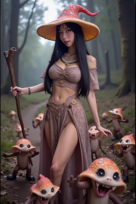 the mushroom sorcerers (cute, age 20, sexy mushroom themed revealing gown with arcane symbols, mushroom hat, magic staff) is leading a horde of short (Mushroom goblins. small, humanoid, mouth full of ragged teeth) into the enchanted forest, mystical moonli...