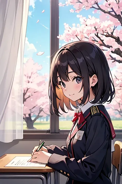  girls in uniform　 studying　 school classroom　I'm happy that the problem was solved　Refreshing, spring-like hues　Cherry blossoms are coming in　The curtains flutter　