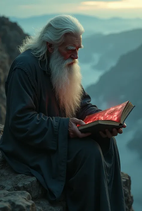  Crazy old man with white beard with a book in his hands sitting on the edge of a precipice, The Bloody Book , close-up plano de frente,  horror 3d reality absurd solution)),  body masterpiece,  best quality skirt, ( Extremely detailed 8k unit CG wallpaper...