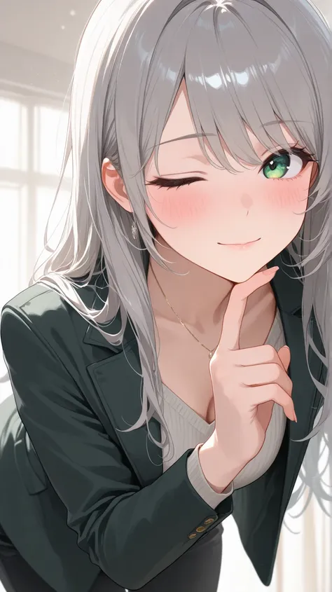 masterpiece, top quality, amazing quality, very aesthetic, high definition, ultra detail, up to date, best details, fashion, Through the hair, viewers, Light Smile, extremely detailed Eye, One grown woman, Gray Hair, Green Eyes, Long hair, wolf cut, blushi...