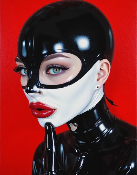 A captivating, vibrant oil painting of a woman's, a very thin face, pale white skin, very high cheekbones, large full lips, the largest lips, deep mouth, dark plump glossy lips, very bright makeup. Very thin. face with a striking emphasis on her bold, deep...