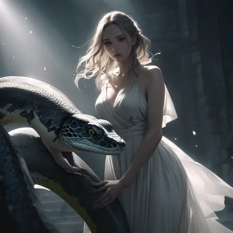 Animation, 8K quality, a python wrapped around a woman in a thin, fluttering dress, the woman and the python are best friends, realistic and beautiful, muted colors, dramatically lit.