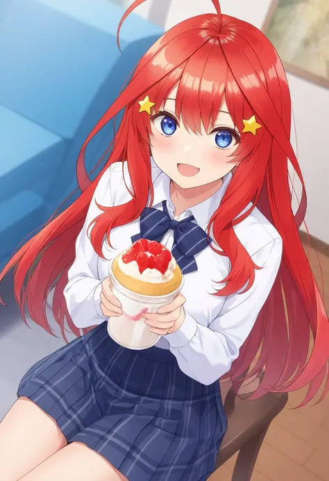  best quality、masterpiece、 1 girl in the best、The Quintessential Quintuplets、Nakano Itsuki、I'm eating dessert、 long hair、bangs、blue eyes、 hair ornament、 hair between eyes、 very long hair that gives off a bow、stupid hair、Red Hair、star（ symbol）、starの hair or...