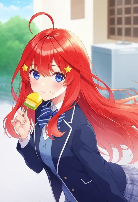  best quality、masterpiece、 1 girl in the best、The Quintessential Quintuplets、Nakano Itsuki、I'm eating dessert、 long hair、bangs、blue eyes、 hair ornament、 hair between eyes、 very long hair that gives off a bow、stupid hair、Red Hair、star（ symbol）、starの hair or...