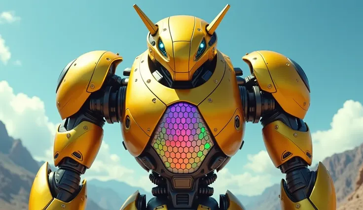 A cinematic shot of a giant futuristic snake robot with a glossy gold body. The robot's chest has large, iridescent honeycomb panels that emit a rainbow of colors. The overall structure is rounded, giving it a rugged yet approachable appearance. The robot'...