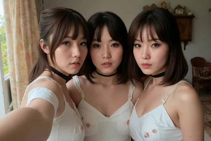 Selfie with 3 twin sisters,  dark haired , young appearance,  emo makeup 2023 ,  eyeliner ,  short hair with threads around the forehead,  separated fringe , dark collar ,  white dress with flower detail, shoulders, looking,  contact view , Living room ,  ...