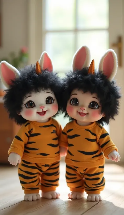  There's a little kitten on the left 。
 There's a little bunny on the right 。
 They both wear matching tiger patterned pants 。
  Both are wearing fluffy black punch perm wigs、 they have small horns on their heads 。
They're both smiling 、 has a happy expres...