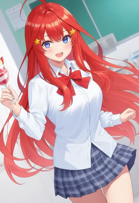  best quality、masterpiece、 1 girl in the best、The Quintessential Quintuplets、Nakano Itsuki、I'm eating dessert、 long hair、bangs、blue eyes、 hair ornament、 hair between eyes、 very long hair that gives off a bow、stupid hair、Red Hair、star（ symbol）、starの hair or...