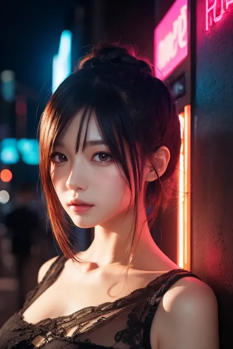  characters illuminated by cyber-like neon lights　woman　 manga-style illustration 　 Realistic Hair　Soft colors 