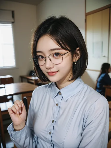 ( beautiful 21-year-old Japanese girl ), ( small breasts :1.5),(solo, 1 girl in the best, Textured Skin, best quality,  more details),(( black hair,  dark eyes, natural makeup, simple earrings, Seductive Smile , short bob hair)),(((Study Room,Studying,Glas...