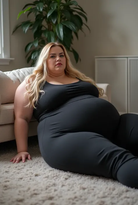 plus-size model wearing tight athleisure apparel, white woman, elegant blonde hair, beautiful face, perfect face, massive body, laying down on the floor, too fat to stand up, morbidly obese, weighs 1000 lbs, extremely overweight, extremely wide hips, wides...