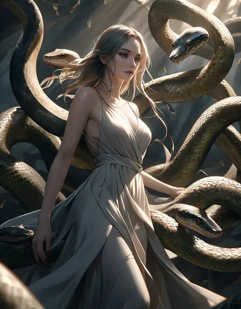 Animation, 8K quality, a woman in a thin, fluttering dress with many snakes wrapped around her, the woman and the snakes are good friends, realistic and beautiful, muted colors, and dramatically lit.