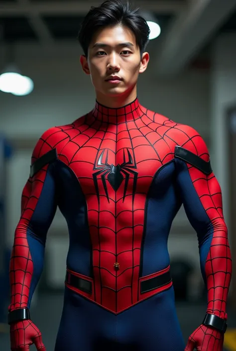 Handsome and sexy Korean ager, ager, young, male, wearing Spiderman costume while showing his sixpack abs, muscular, sixpack, young, front view, Korean idol, hot, very muscle, very horny biceps and triceps, photo realistic, realistic, 8k, UHD, sexy, Biceps...