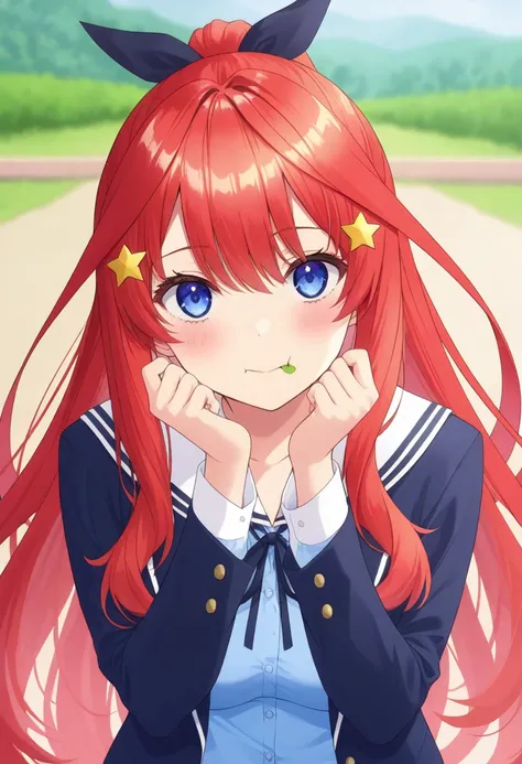  best quality、masterpiece、 1 girl in the best、The Quintessential Quintuplets、Nakano Itsuki、I'm eating dessert、 long hair、bangs、blue eyes、 hair ornament、 hair between eyes、 very long hair that gives off a bow、stupid hair、Red Hair、star（ symbol）、starの hair or...