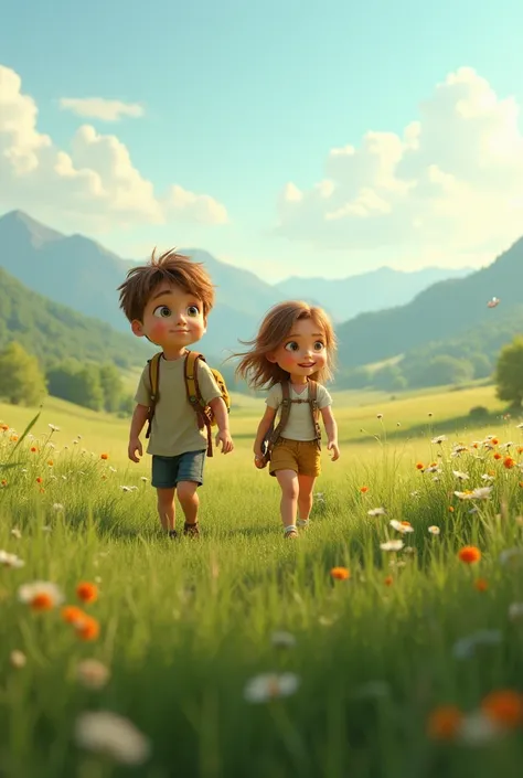 The camera pans over the grasslands, showing Timmy and Emma exploring.