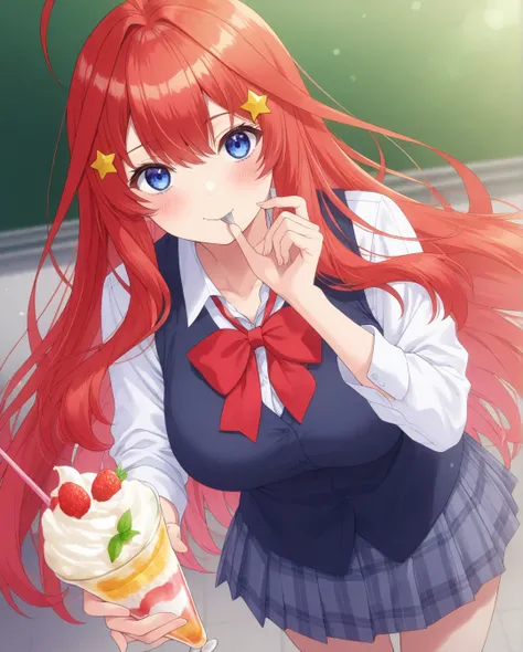  best quality、masterpiece、 1 girl in the best、The Quintessential Quintuplets、Nakano Itsuki、I'm eating dessert、 long hair、bangs、blue eyes、 hair ornament、 hair between eyes、 very long hair that gives off a bow、stupid hair、Red Hair、star（ symbol）、starの hair or...