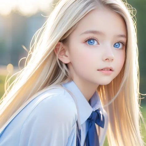 One girl、portrait、school uniform、blue sky、 bright and very beautiful babyface 、 young, very white, shiny skin 、The best beauty、 super long blond hair with dazzling reflections of light 、 beautiful natural platinum blonde super long silky straight hair、Bang...