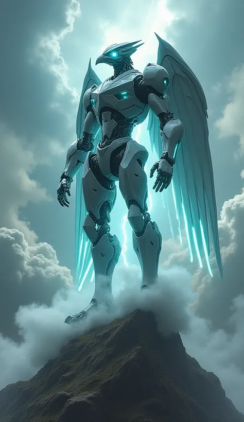 A massive humanoid warbot inspired by air stands atop a towering mountain peak, surrounded by swirling storm clouds and fierce winds. Its sleek, aerodynamic body is made of lightweight metal, with glowing cyan energy lines tracing along its limbs like gust...