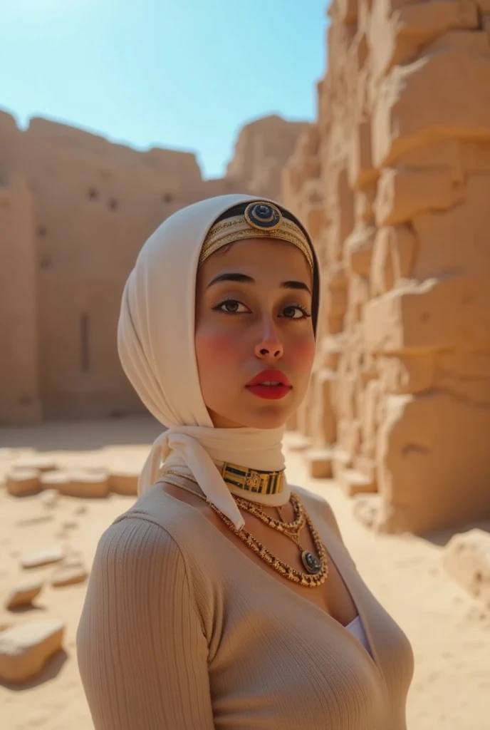 beautiful Egyptian woman, 1girl, beautiful detailed eyes, beautiful detailed lips, extremely detailed eyes and face, long eyelashes, intricate headdress, ornate jewelry, flowing robe, desert landscape, ancient ruins, dramatic lighting, vibrant colors, cine...