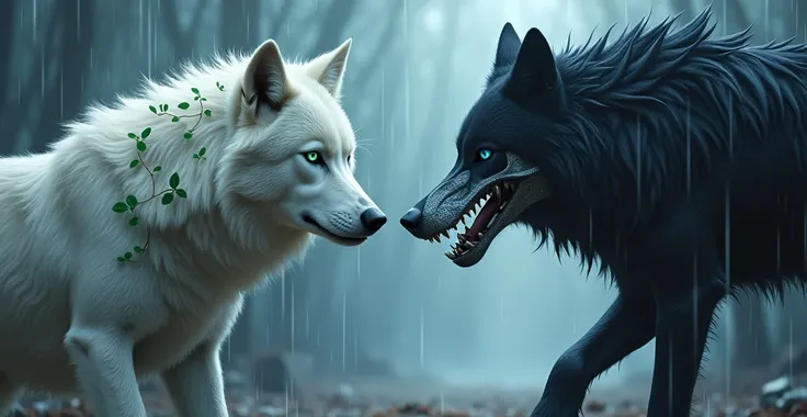 Anime style white wolf , with green eyes,  there are some leaves on the fur ,  fights with a black wolf half consists of a skeleton, blue eye ,  The background is gloomy with rain  