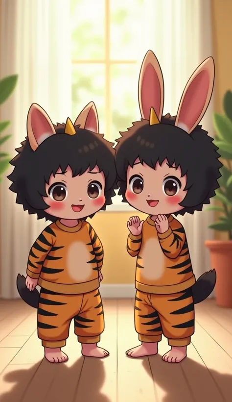  There's a little kitten on the left 。 There's a little bunny on the right 。 and both are wearing matching tiger patterned pants 、 they are wearing a fluffy black punch perm wig。 they have small horns on their heads 、 they both have a smiling and happy exp...