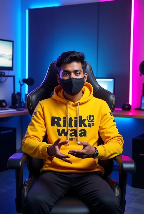 An Indian man sitting confidently on a modern gaming chair in his YouTube studio. He is wearing a bright yellow hoodie with Ritik Up Wala boldly printed on it. His face is clearly visible and expressive despite wearing a sleek black COVID-19 mask. The man ...