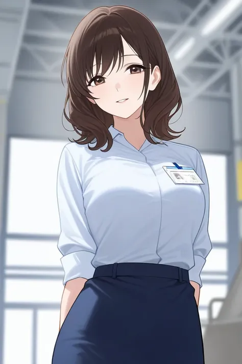 Mature lady has tall height, medium breast, slender body, medium hair, wave hair, dark brown hair, brown eyes., The lady wearing working uniform., factory office , ((high quality, master piece)), natural pose, 