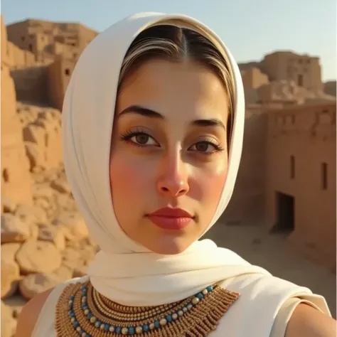 beautiful Egyptian woman, 1girl, beautiful detailed eyes, beautiful detailed lips, extremely detailed eyes and face, long eyelashes, intricate headdress, ornate jewelry, flowing robe, desert landscape, ancient ruins, dramatic lighting, vibrant colors, cine...