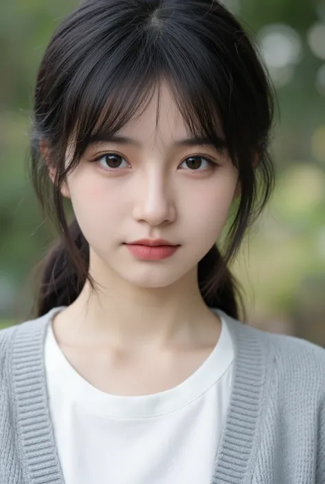 "Close-up view of a young Asian girl with a simple and tidy hairstyle. Her hair is tied at the back, giving a clean and polished look that mimics the appearance of shorter hair from the front. The focus is on her thick, middle-parted bangs, which are soft,...