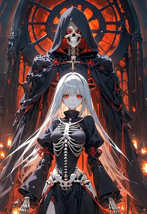 Nun's habit appearance 。Machine Girl。場所は horror教会。Machine body。large coffin。Coffin behind。 mechanization。Mechanical quadriceps。Red eyes 。 Silver Hair。 Cross 。 horror。black hood。curse。Skeleton。cyber nun's habit 。Manipulate the dead。Death Scythe