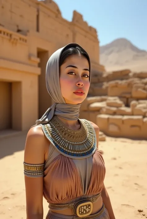 beautiful Egyptian woman, 1girl, beautiful detailed eyes, beautiful detailed lips, extremely detailed eyes and face, long eyelashes, intricate headdress, ornate jewelry, flowing robe, desert landscape, ancient ruins, dramatic lighting, vibrant colors, cine...