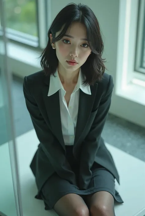 masterpiece, 8k, Photorealistic, beautiful Japanese woman, business suits, pencil skirt, pantyhose, her hands tied back, detailed face, medium hair, light makeup, (she is trapped in a glass cube), she is sitting on the floor of the cube, she is placed as i...