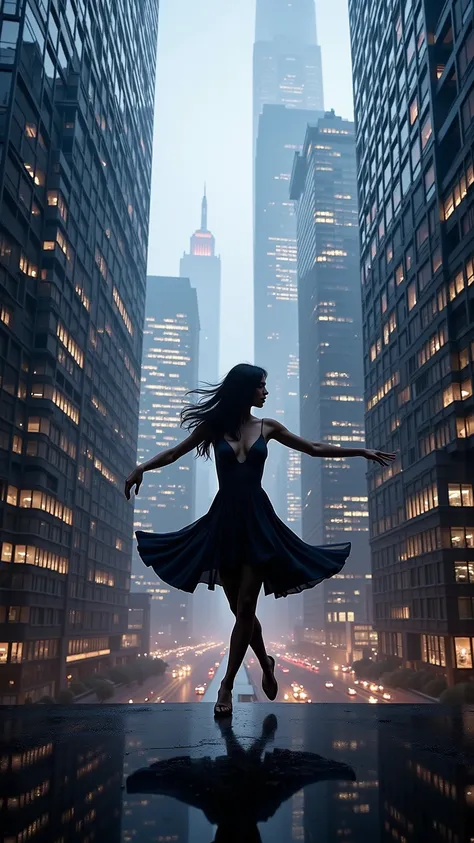 A silhouette of a woman dancing on top of skyscrapers, with her shadow projected onto the glass windows of the buildings. The buildings reflect the bright city lights, while her shadow seems to defy gravity, stretching across the skyline. The idea is to cr...