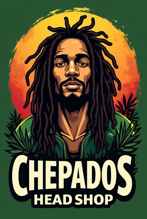 create logo with name chepados head shop, jamaica roots theme, background in reegae colors