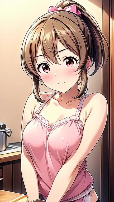  best quality、 high resolution、  high definition in a hotel suite room 、 high resolution、 sports gym、(hori yuko,  tea hair,  brown eyes,  ponytail , hair bow, Pink scrunchies、 glossy lips like M-shaped open legs 、 growing skin on the right chest of the bra...