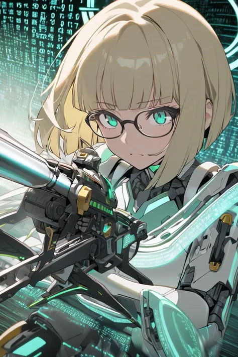 Gear-shaped halo, mechanical wings, black and white cybernetic suit, gold trim, mechanical ray crossbow, cream-coloured hair, bob cut, wearing glasses, cyan coloured eyes, blank expression, blunt bangs, matrix code, magic circle