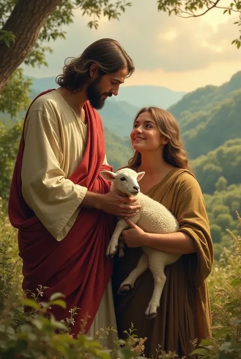 Jesus and woman holding a lamb