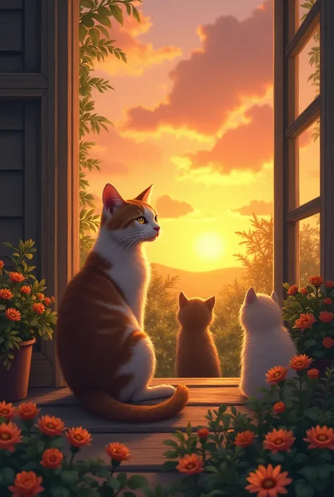 7. A Life of Fulfillment

"The cat sitting on the porch of its beautiful home, surrounded by flowers and family. It looks content, watching the sunset with gratitude, as other animals gather nearby, celebrating its success and kindness."

