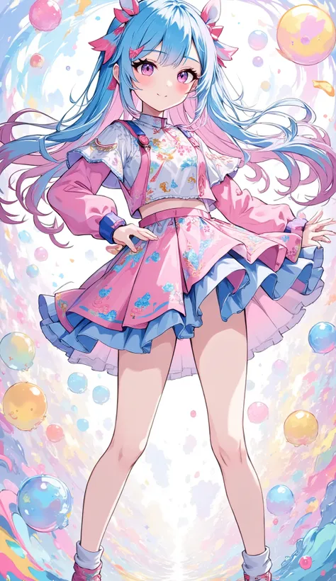 1 girl in the best, idol costume、 ruffle skirt、whole body、Navy hair color、 pink eyes、 smiles,