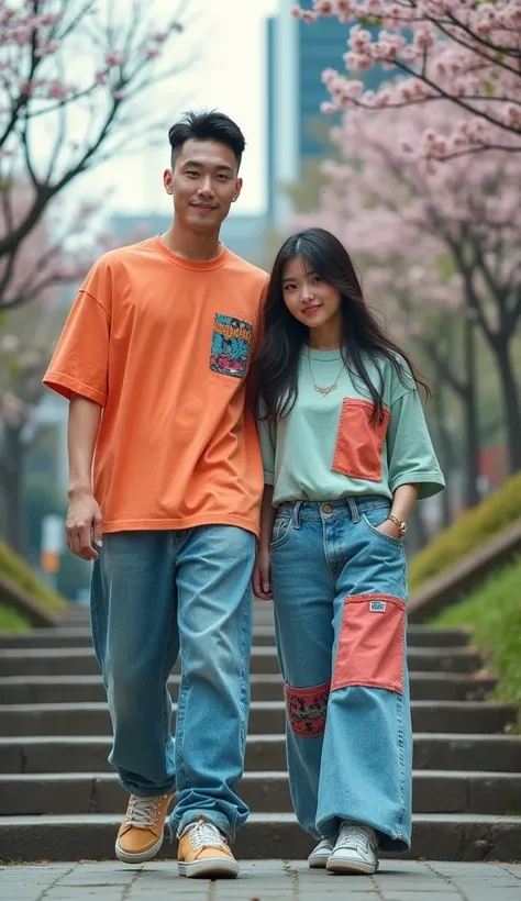 photography, pair of korean lovers ,in front of the camera, handsome Korean man , short undercut hair , bohemian loose t-shirt with a dynamic color mix ,modern peatchwork baggy jeans ,jordan shoes,walking with a beautiful Korean woman ,tersenyum in front o...