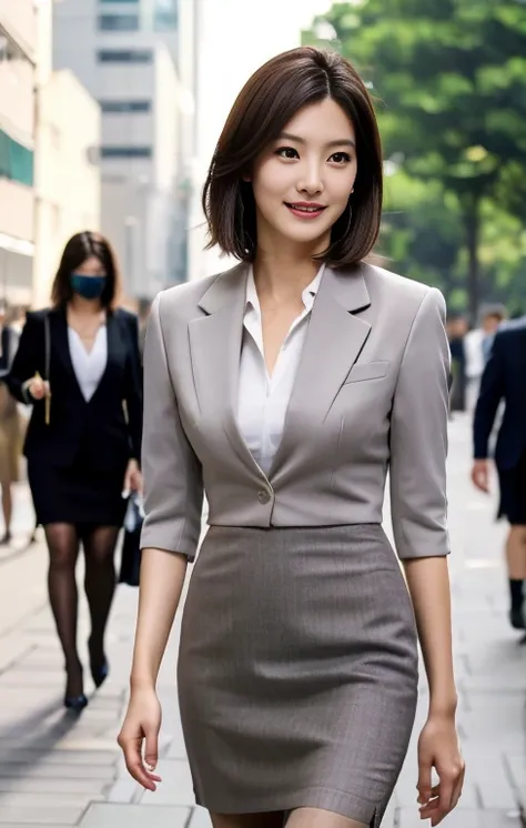  best quality、8k、masterpiece）、 rough skin 、 anatomically accurate、 sharp、 grey background（ Japanese mature 、４５age）、One person、（（ hair is brown 、The hairstyle is short bob hair、 lighting 、 semi-long hair、）、((( formal suit、 business suits、 short pencil skirt...