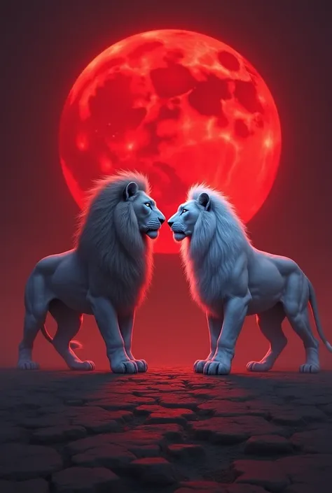 White lion and lion with white eyes with blue eyes under a moonlight of blood ready for war