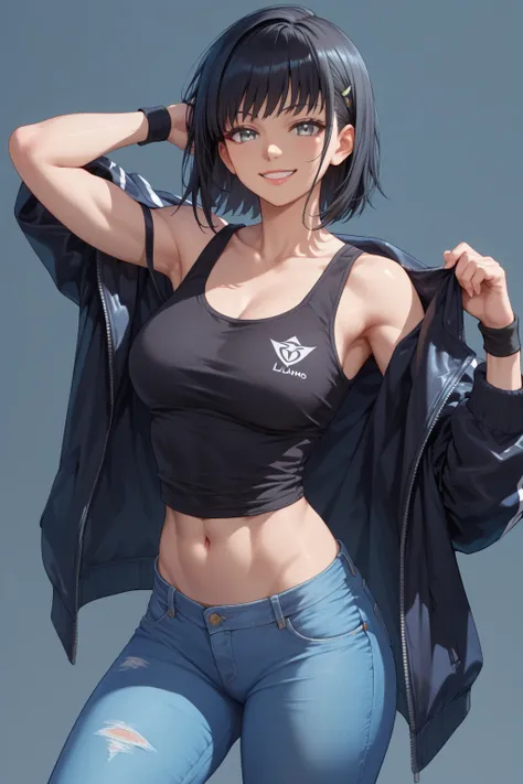 Long black hair, grey eyes, black lulumelon jacket, light blue baggy jeans, black wristbands, smile, young woman. Hot. Powerful. Fighter. Black tanktop. 