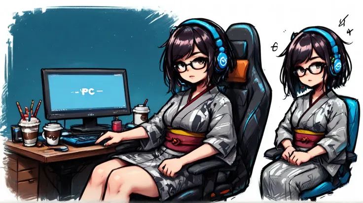 Adult Japanese woman. Short, wavy black hair. Wearing glasses and a dark red and dark grey long Japanese-kimono. She is wearing a gaming headset, sitting in a gaming chair, and streaming her PC gameplay. She is taking a break from playing PC games, drinkin...